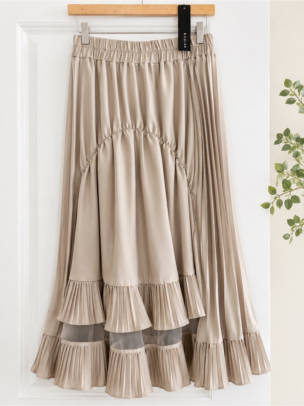 Beulah Taupe Midi Skirt with Pleated Ruffles